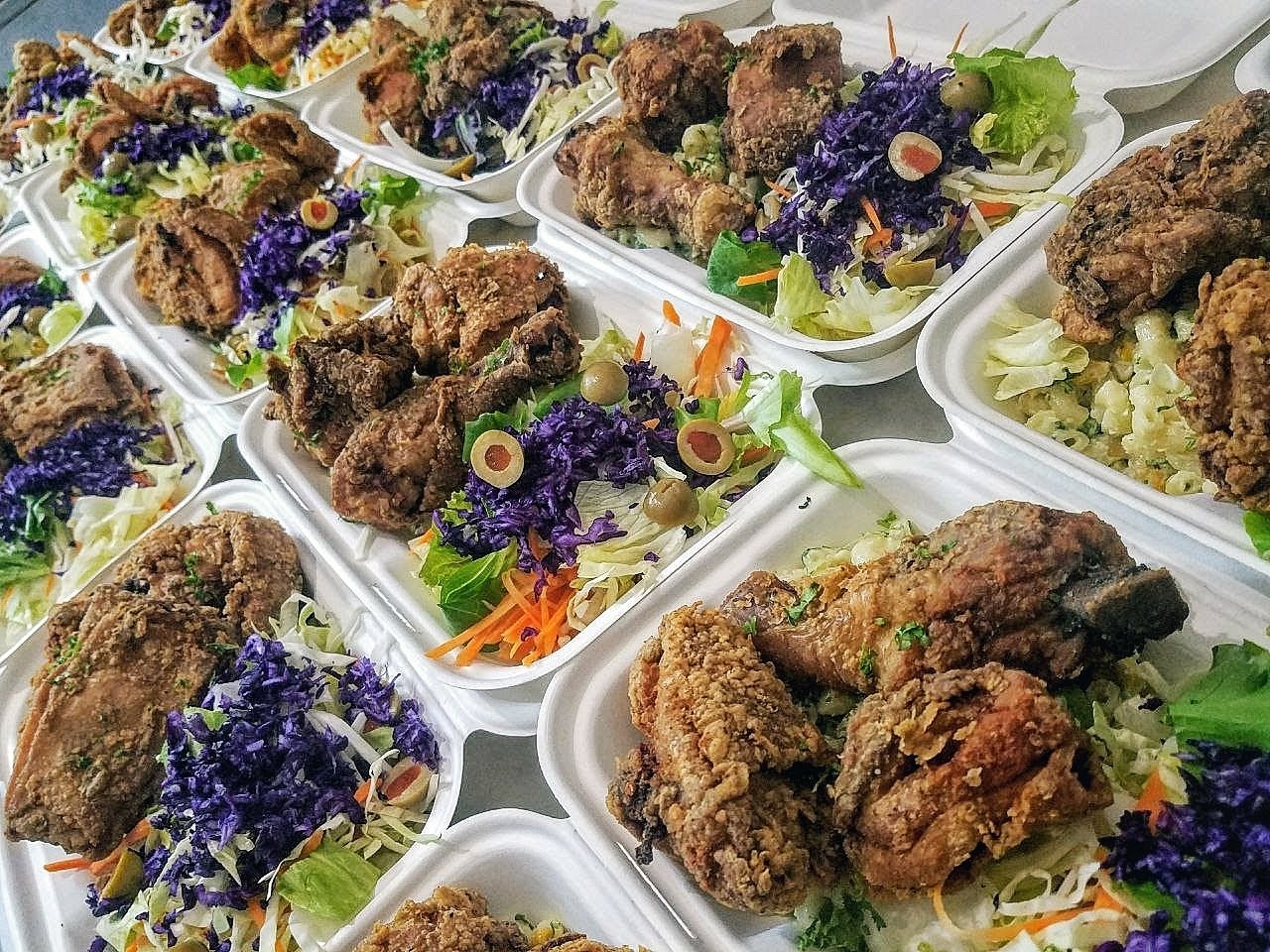 Boxed pancake and bacon breakfast catering