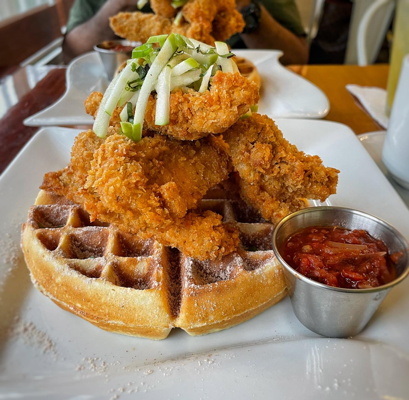 Fried chicken and waffle tower with apple slaw
