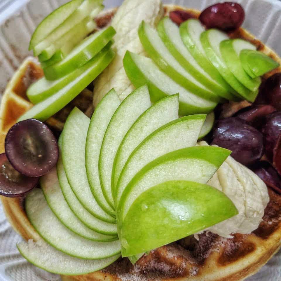 Waffle topped with fresh fruit